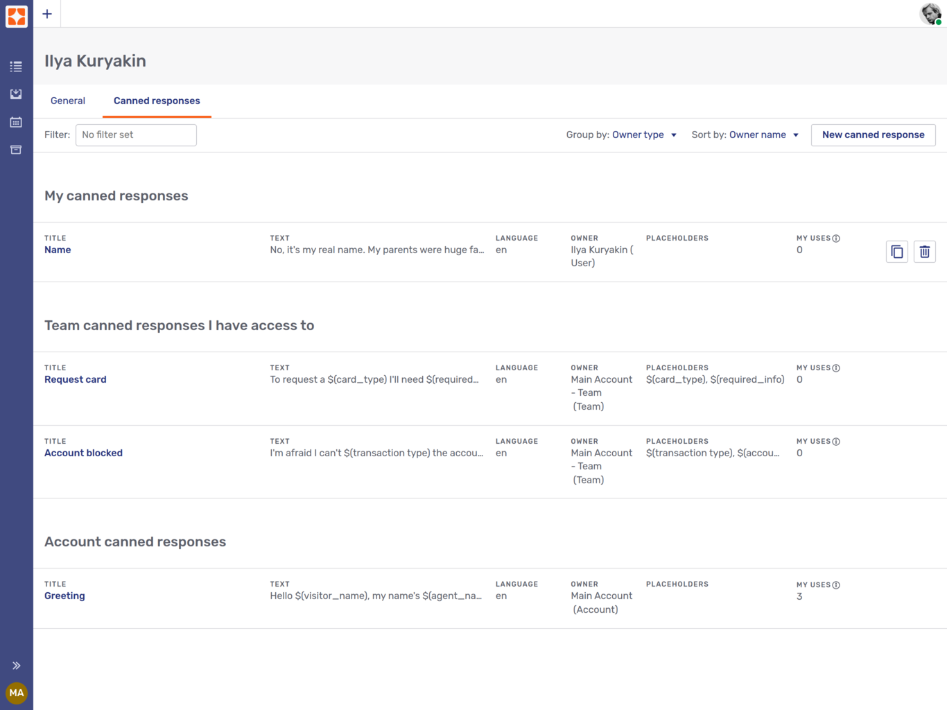 The canned responses tab