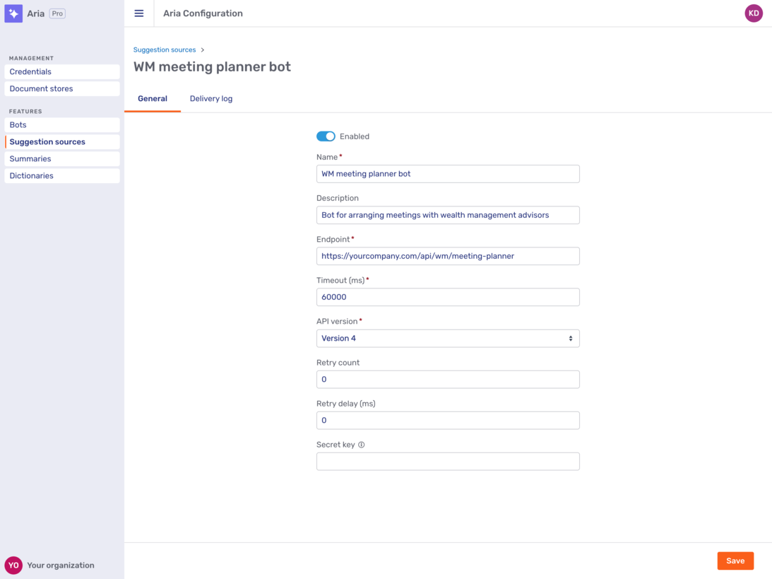 General tab of a custom suggestion source