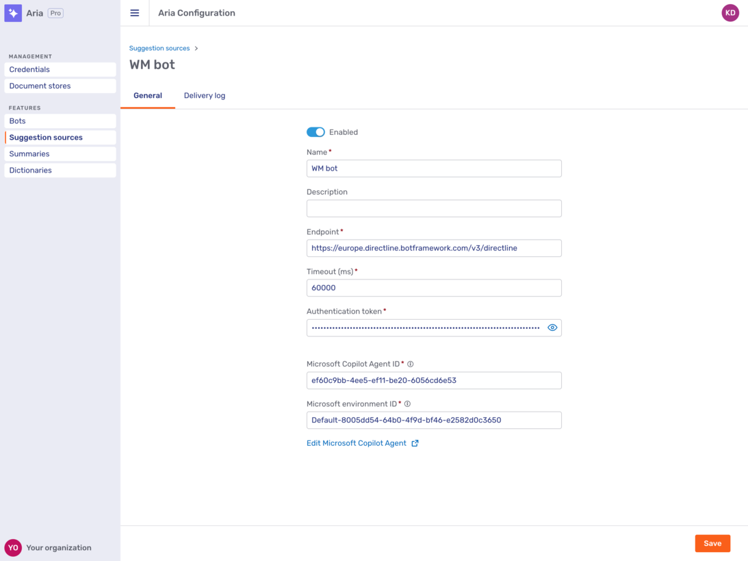 General tab of a Microsoft Copilot suggestion source