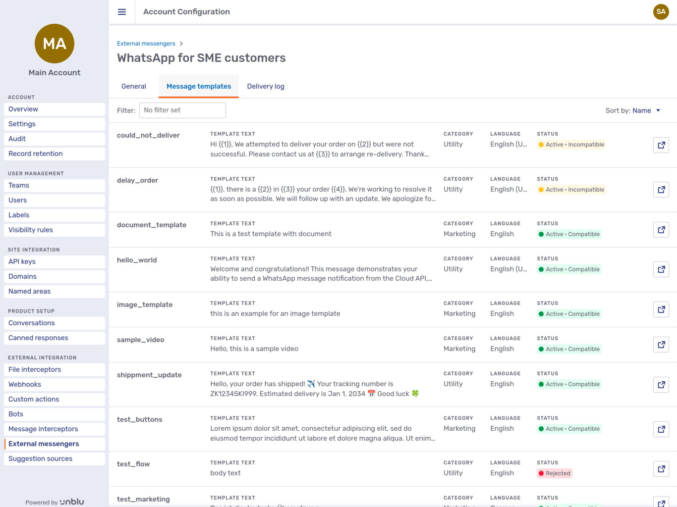 Message templates tab of WhatsApp external messenger