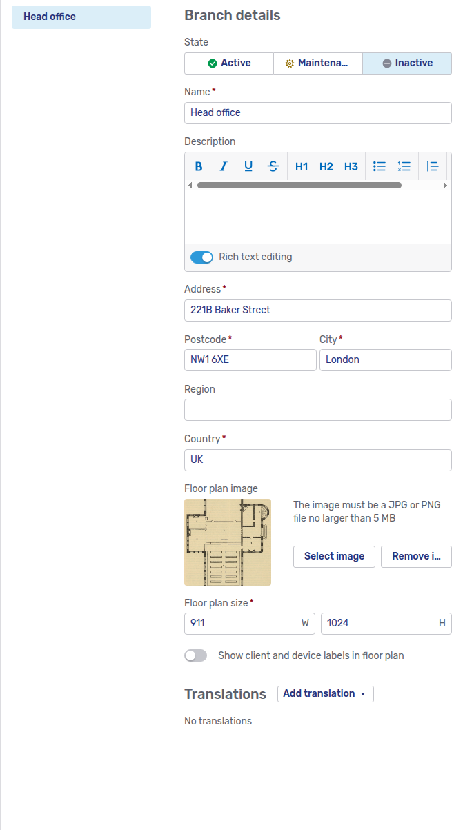 Branch details in the Branch editor