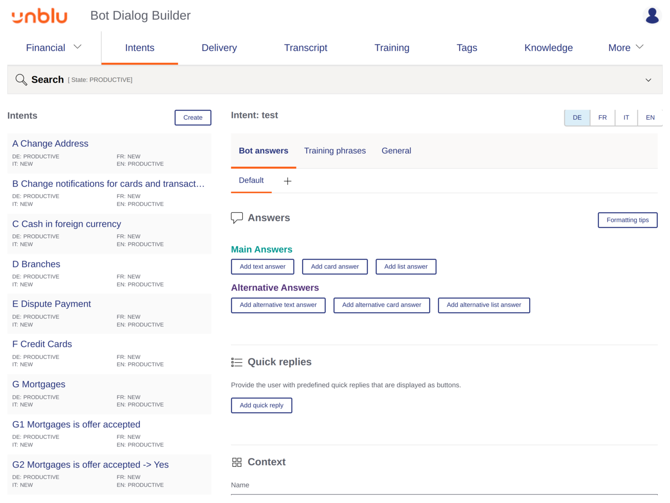 Bot Dialog Builder *Intents* tab
