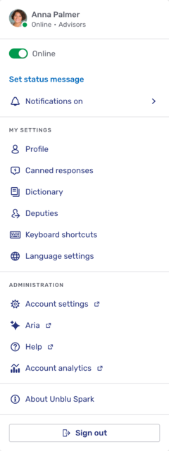 Agent Desk user menu with access to the Aria interface