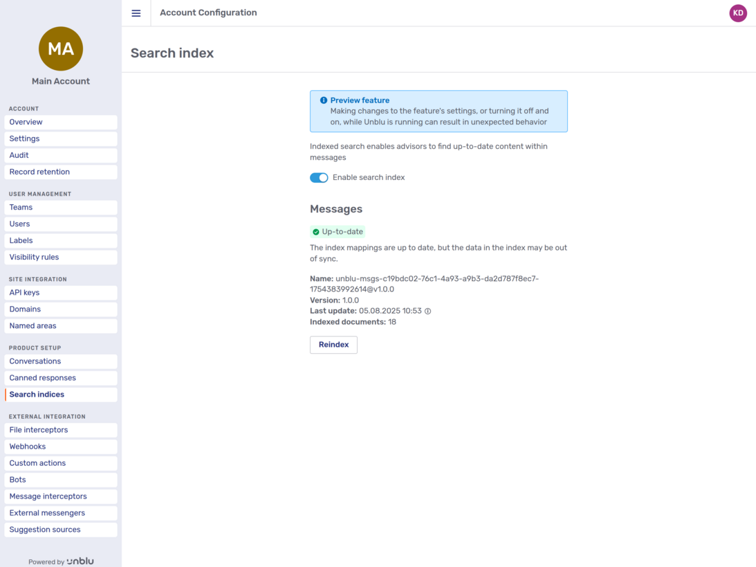 Search index overview with indexing enabled