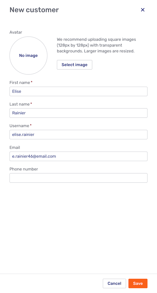 New customer fly-in page in the customer list