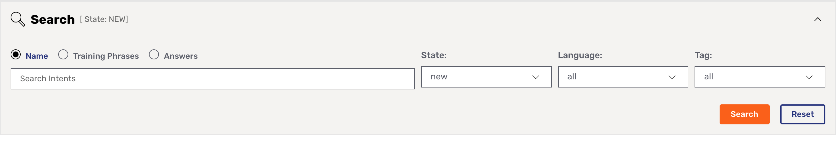BDB search filter set to display new intents