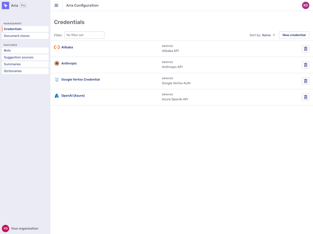 Credentials overview page in the Unblu Aria interface