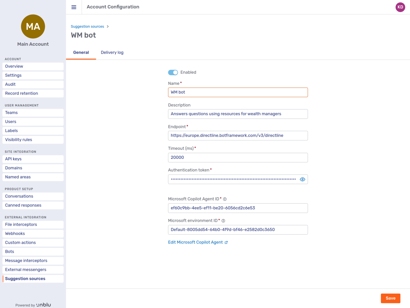 General tab of a Microsoft Copilot suggestion source