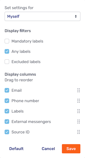Default settings of the customer list