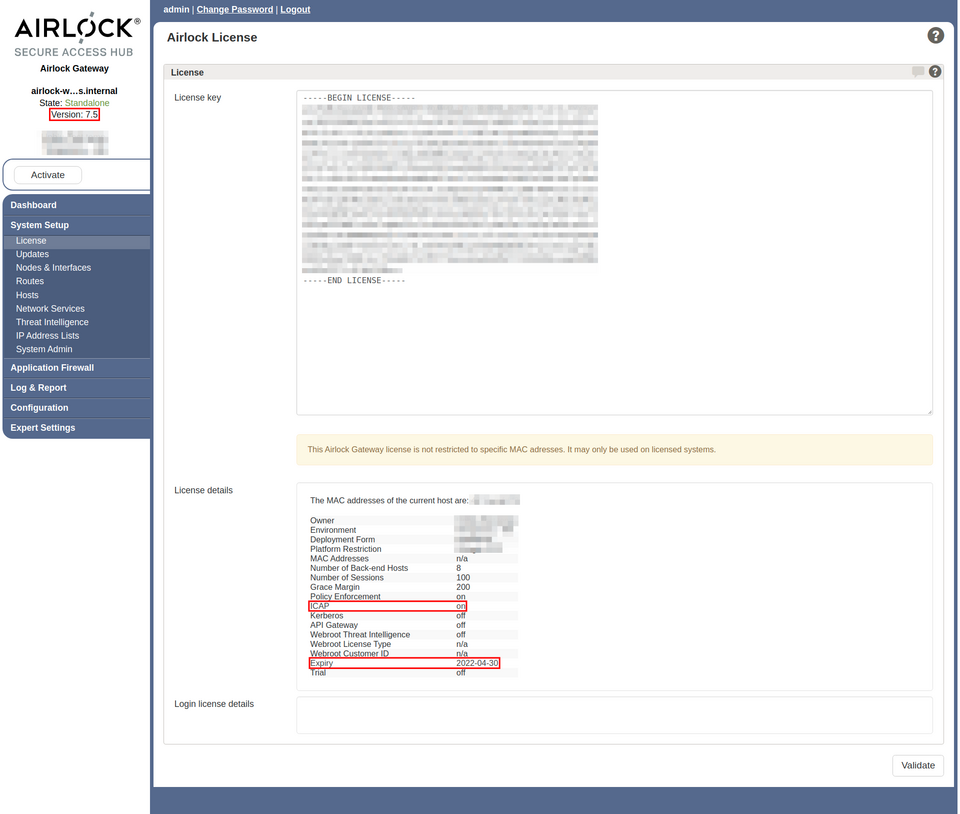 Airlock license screen