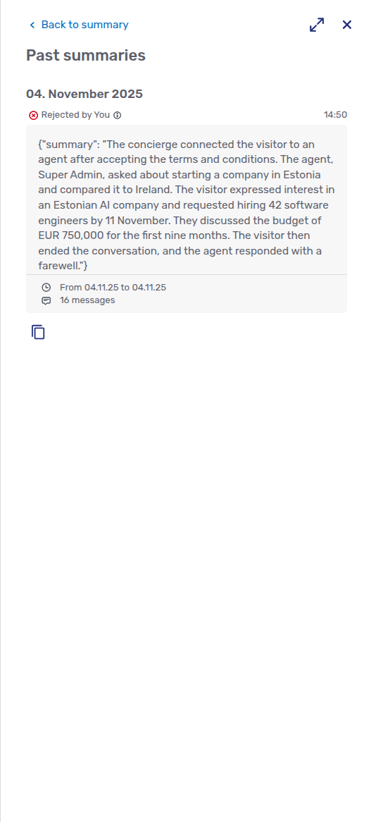 Rejected summary in the *Past summaries* view of the summary panel