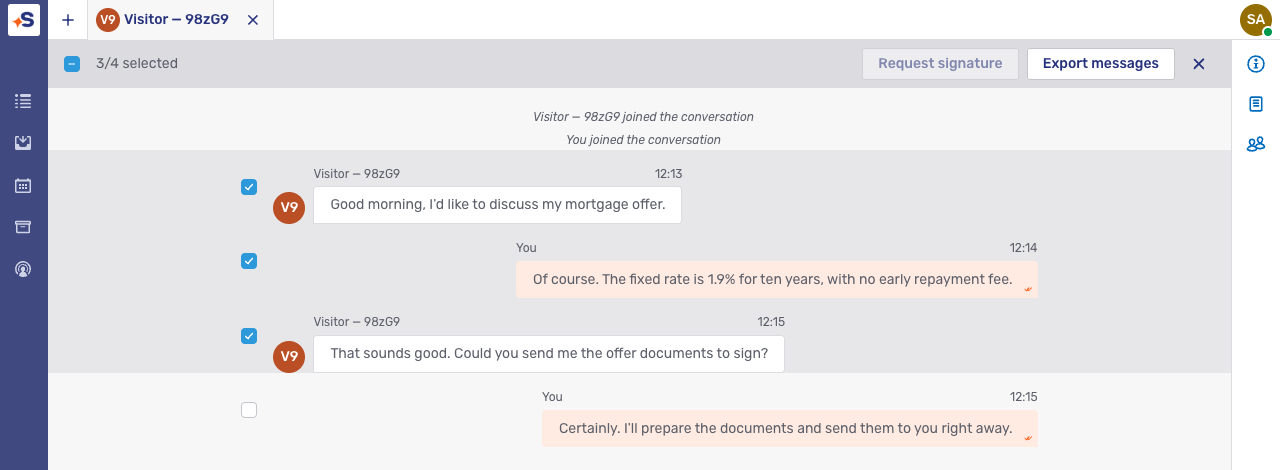 Multiselect mode in the Agent Desk with three messages selected