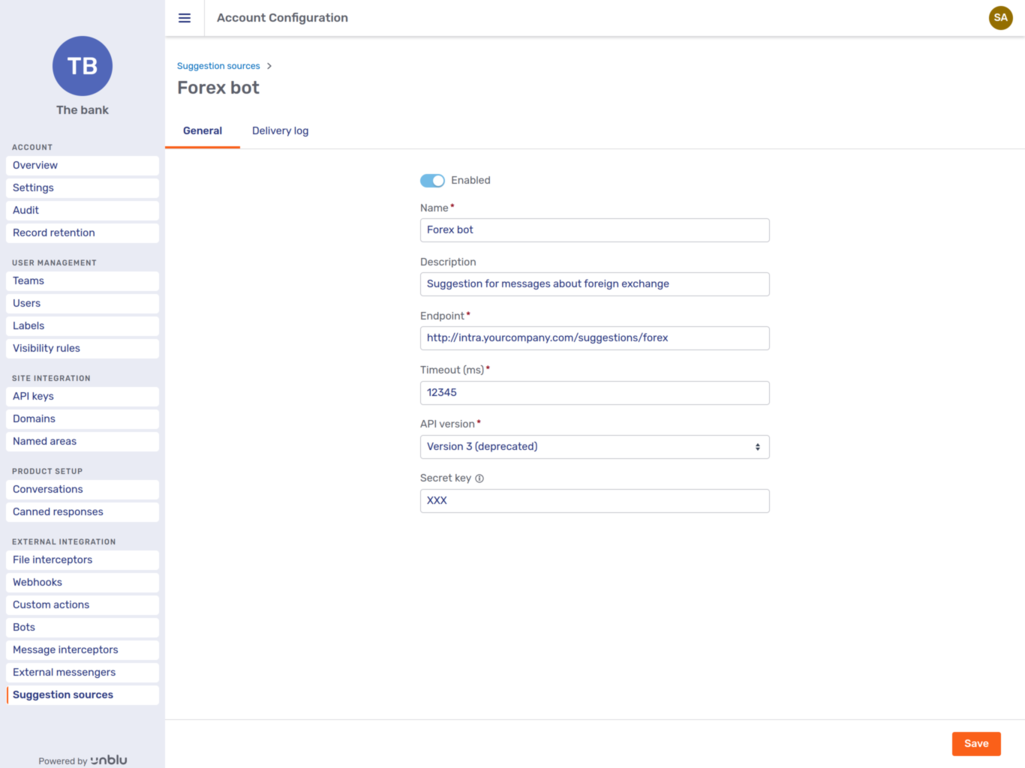 General tab of a custom suggestion source