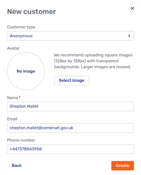 New customer dialog for a new anonymous customer