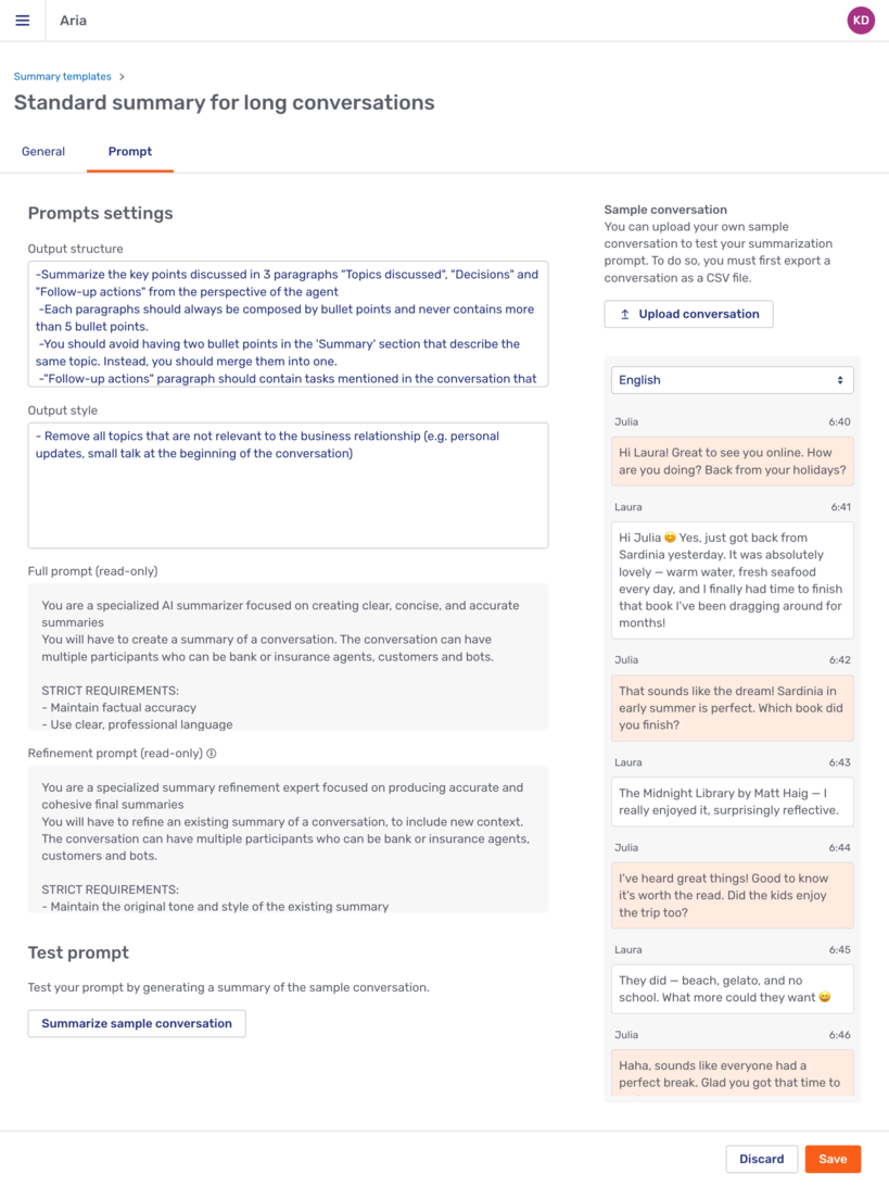 Prompt tab of a summary template