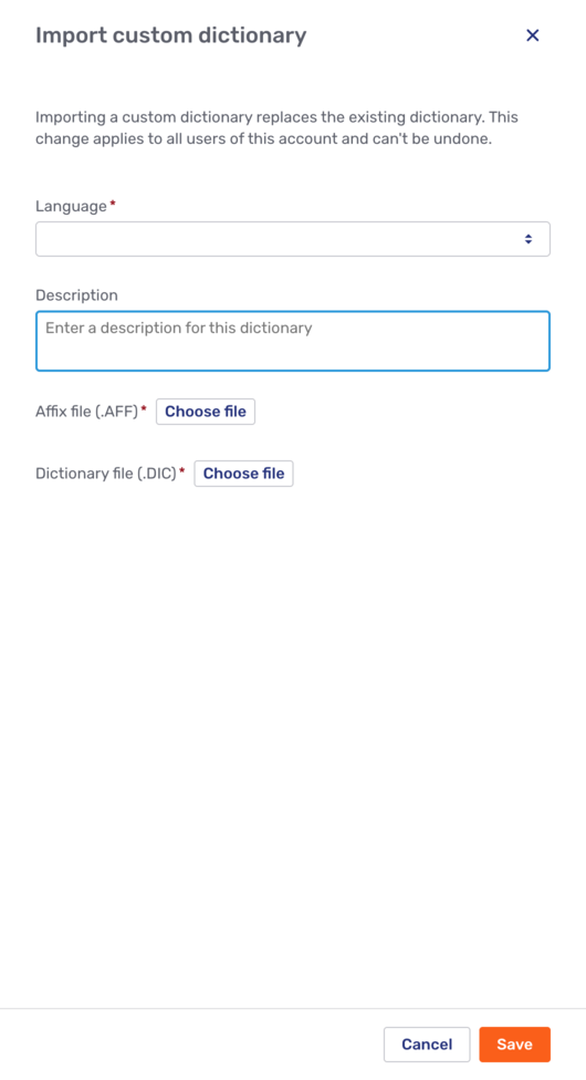 The Import custom dictionary fly-in page