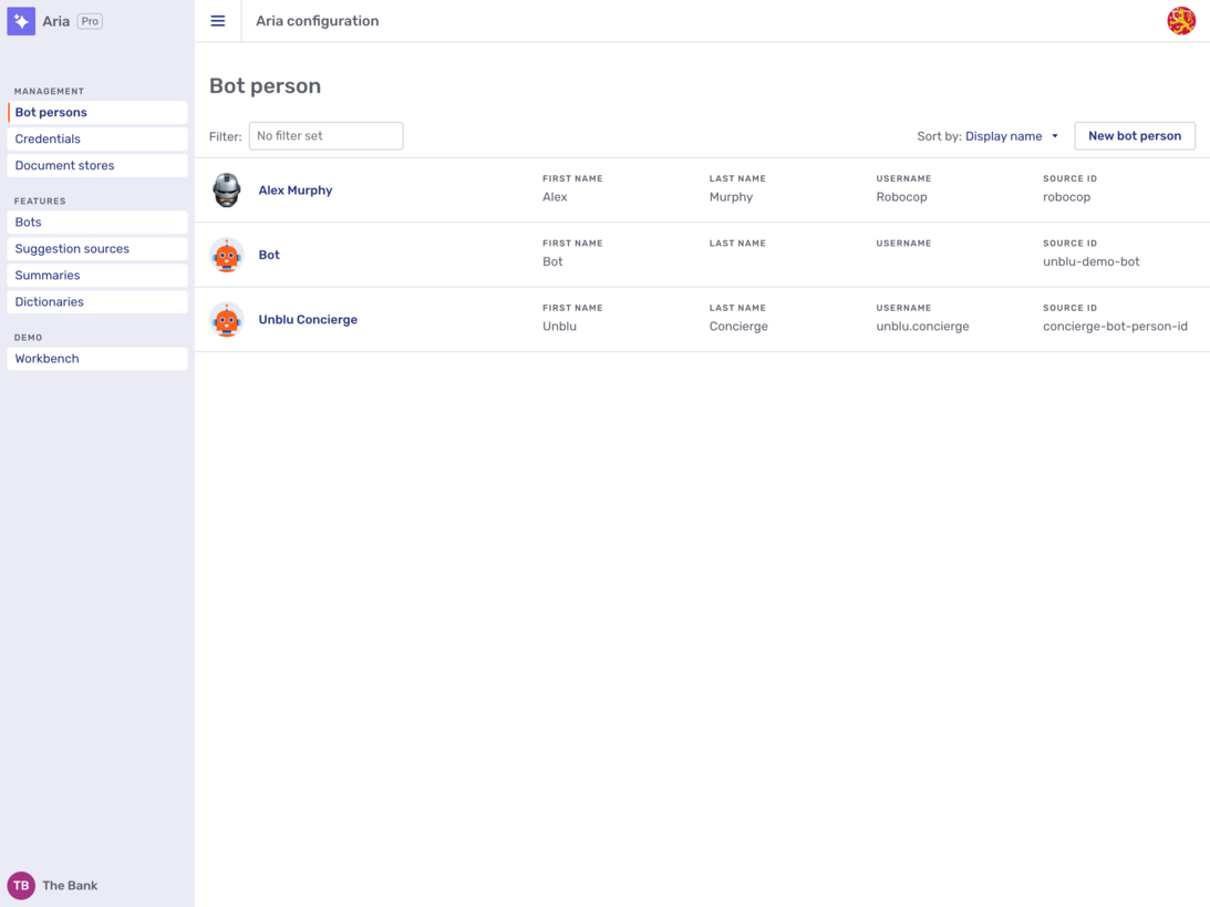 Bot person overview page in the Unblu Aria interface