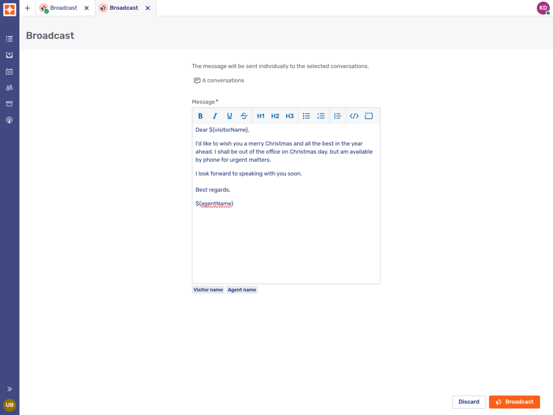Broadcast form for conversation broadcasts
