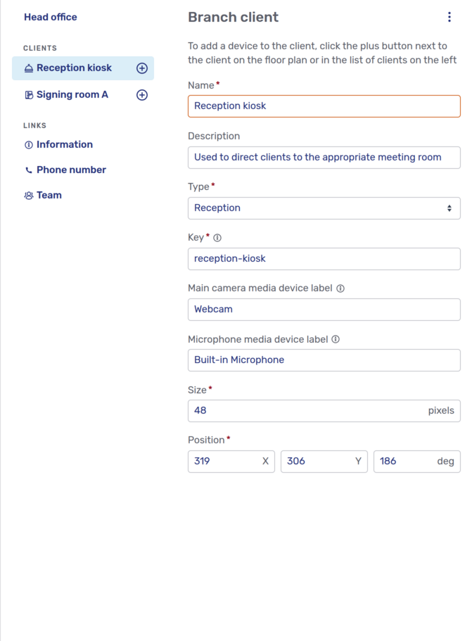 Branch client details in the Branch editor