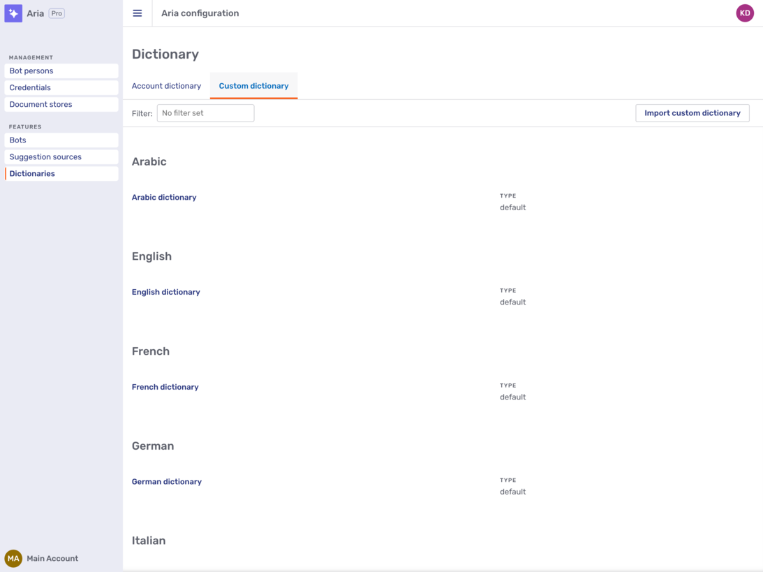 The Custom dictionary tab