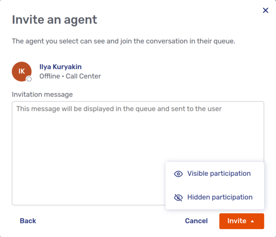 Invite an agent as a hidden participant modal dialog