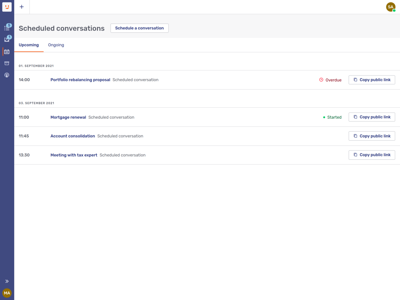 The "Upcoming" tab in the scheduled conversations overview