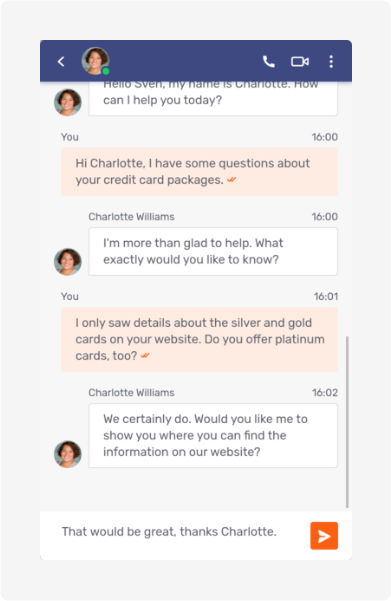 Conversation thread of a live chat between a visitor and an agent