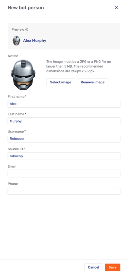 Create bot person fly-in page