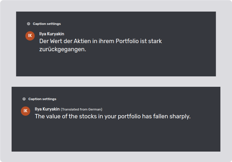 Closed captions with translations enabled for the visitor