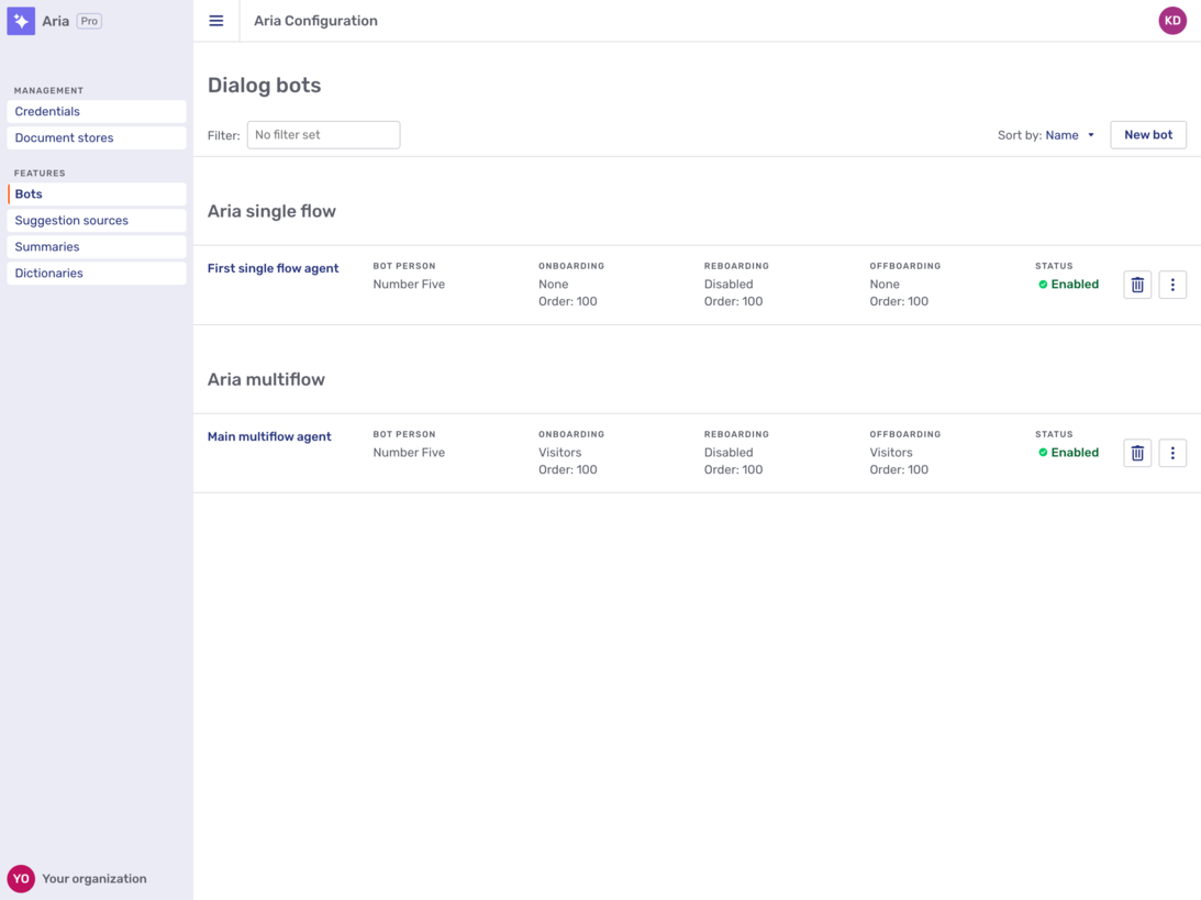 Agentic flows tab of Aria multiflow agent