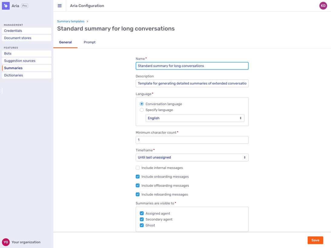 General tab of a summary template