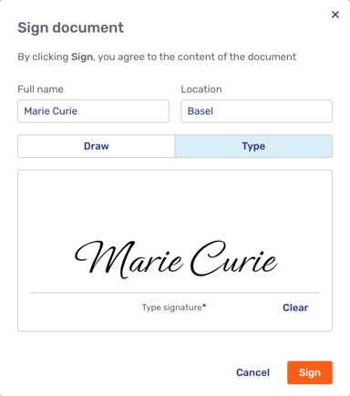Document signing dialog with typed signature on view