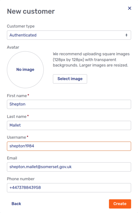 New customer dialog for a new authenticated customer
