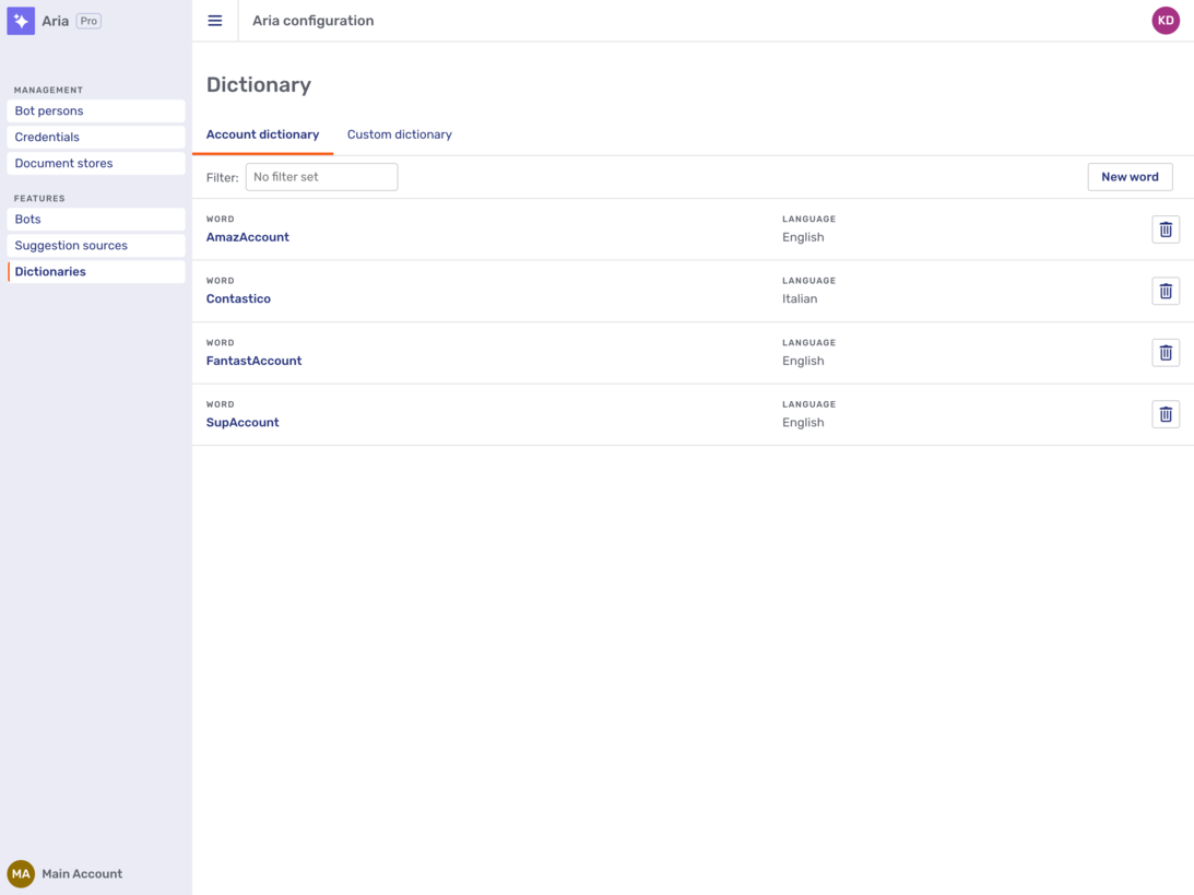 The Account dictionary tab