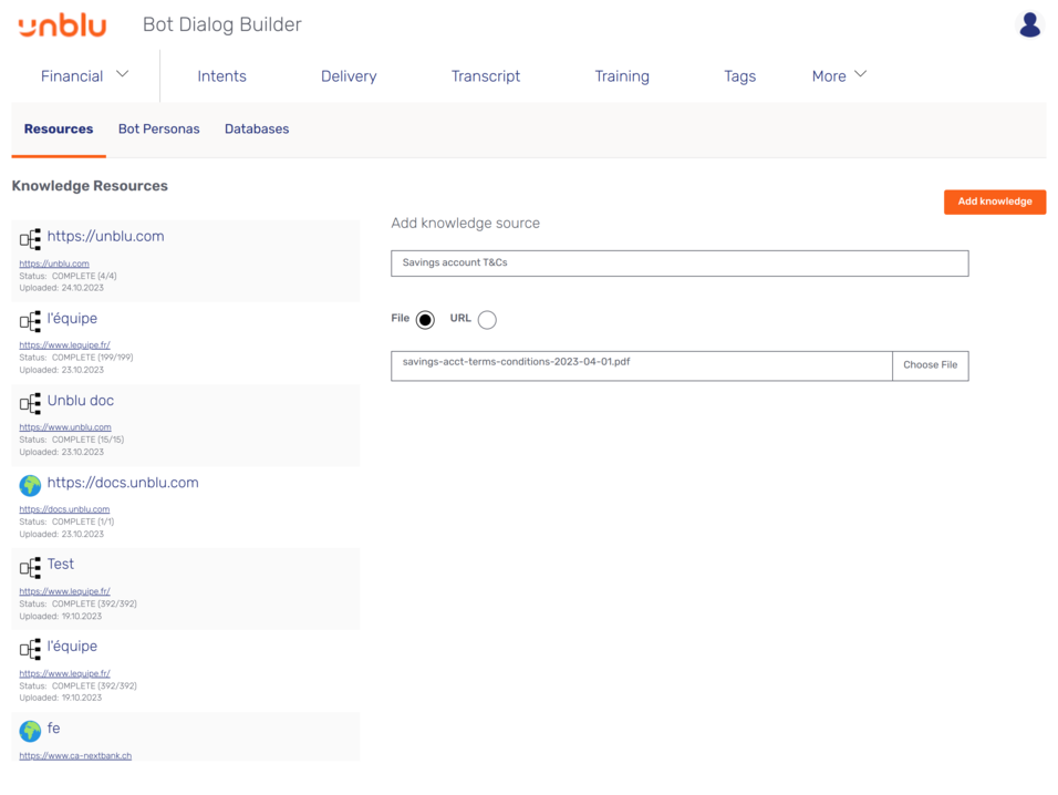 *Add knowledge source* form for a file resource